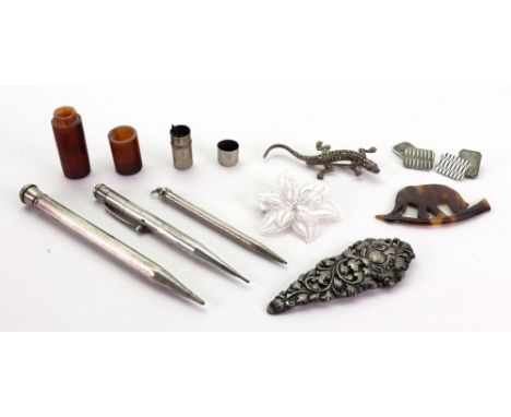 A 'Yard o lette' propelling pencil, detailed sterling silver, two others, a pair of silver cufflinks, London 1982, a foliate 