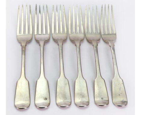 A set of six William IV silver fiddle pattern dessert forks, William Eaton, London 1830, 8ozs, crested.