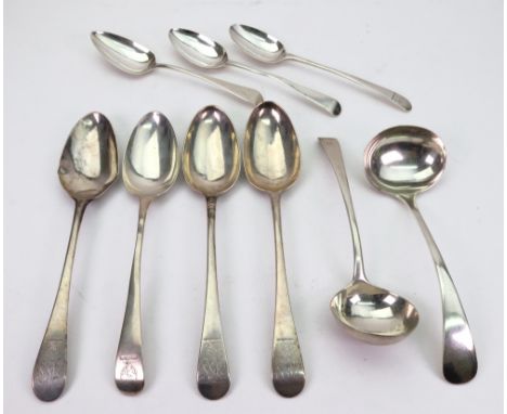 A set of three George III Old English pattern silver tablespoons, Richard Crossley, London 1783, and another by the same make