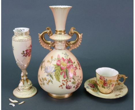 A group of Royal Worcester porcelain, late 19th/early 20th century, each piece decorated with flowers against a shaded aprico