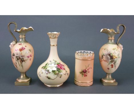 A pair of small Royal Worcester ewers, circa 1897, each ovoid body painted with thistles against a shaded apricot ground, puc