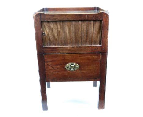 A George III mahogany ebony banded tray top night commode, with cut-out carrying handles, enclosed by a tambor shutter, the p