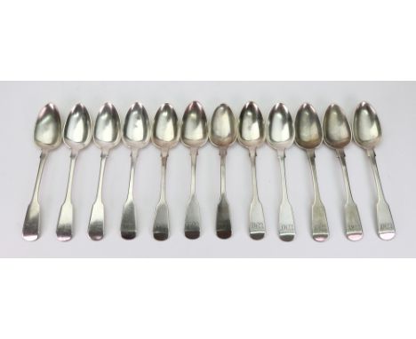 Channel Islands - a set of twelve fiddle pattern silver dessert spoons, John Le Gallais, circa 1847-1873, 14ozs, monogrammed.