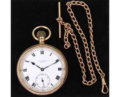 J W Benson, London;  a 9ct gold cased open face pocket watch, hallmarked for 1931, the white enamel dial with Roman numerals 