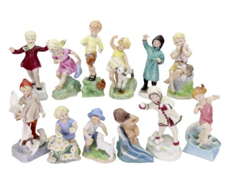 A Royal Worcester composite set of the Months of the Year modelled by Freda Doughty, black printed marks, and a second figure