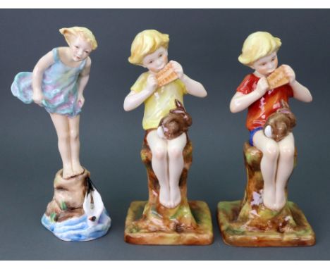 Two Royal Worcester figures of 'Peter Pan' modelled by F Gertner, circa 1936, shape 3011, wearing a red or yellow shirt, puce