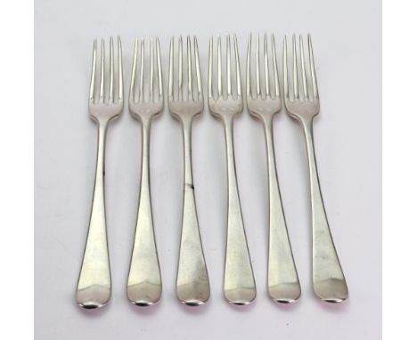 A set of six George III silver Old English pattern dessert forks, William Sumner, London 1783 & 1784, 6ozs, crested.