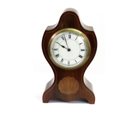 Harrods Ltd; an Edwardian mahogany boxwood strung mantel timepiece, of shaped outline, inlaid with a scallop shell, enamel di