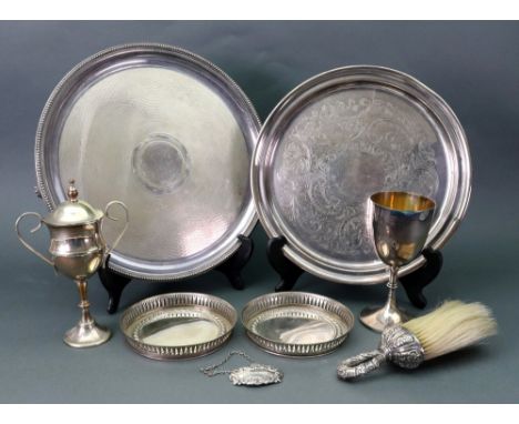 A late Victorian foliate embossed silver mounted top hat brush, Chester 1898, a modern silver bottle ticket 'sherry', pair of