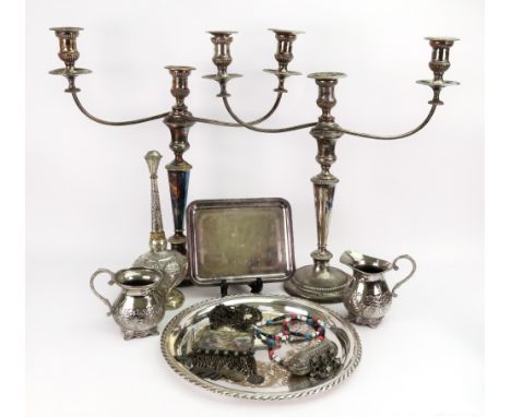 A pair of George III style electroplate three light candelabrum, 19th century, with reeded scrolling branches, campana shape 