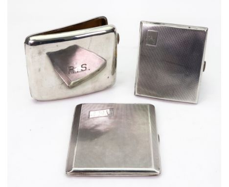 A silver cigarette case, Chester 1921, curved to fit the pocket, and two engine turned silver cigarette cases, 12ozs, all mon