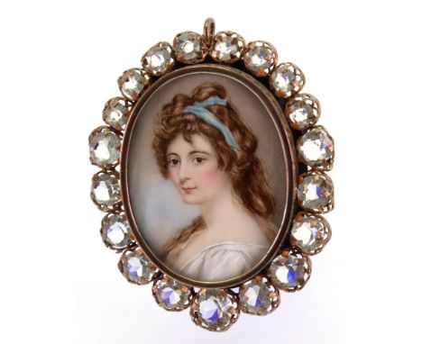 French School, 19th Century, A portrait miniature of a lady in a white dress with a blue ribbon in her hair, watercolour heig