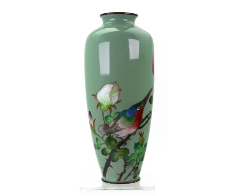 A Japanese ginbari enamel vase, Meiji period, of tapered cylindrical form, worked with a bird amongst flowering branches agai