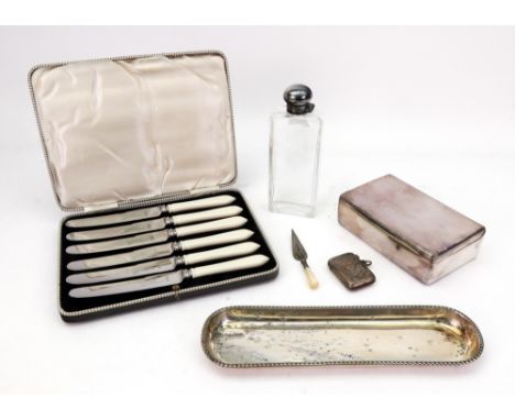 A Victorian rectangular silver pen tray, Miller Brothers, Chester 1896, with gadroon border, 22.5cm wide, Victorian engraved 