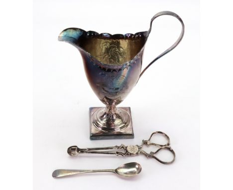 A George III silver helmet shape cream jug, George Gray, London 1791, with cut-edge, foliate chased, on a square plinth base,