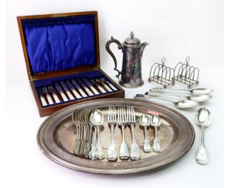 An oak cased set of six pairs of electroplate fruit eaters, with mother of pearl handles, silver ferrules, oval meat dish, Ha