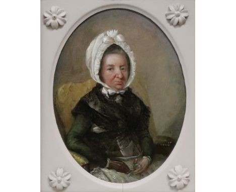 English School, 19th Century, Portrait of a seated lady in a white bonnet, oil on canvas, 20 x 15cm.