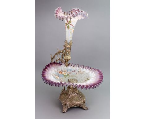 An electroplate and opaline glass epergne, late 19th century, the frosted glass shallow bowl and trumpet vase enamelled with 