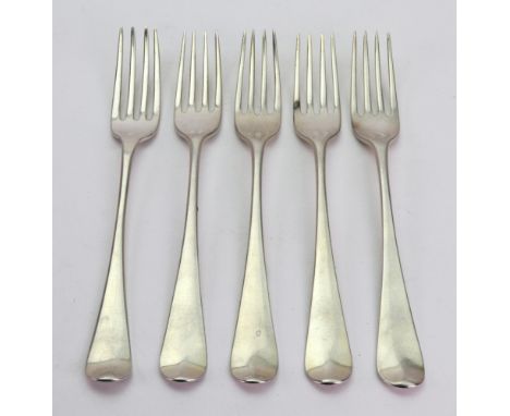 A set of four George III silver Old English pattern dessert forks, makers mark I.B., London 1791, and another, London 1800, 5