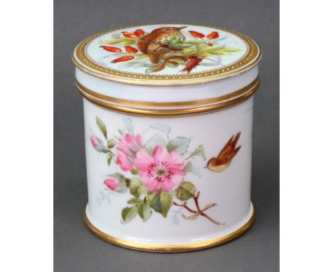 A Royal Worcester cylindrical box and cover, circa 1875, painted with birds amongst flowers against a pale bluish-green groun