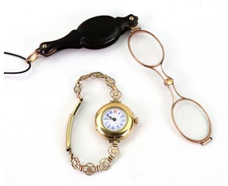A lady's 18ct yellow gold manual wind bracelet wristwatch, circa 1917 together with a pair of tortoiseshell and gold lorgnett