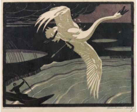 20th Century School, A swan shot by an arrow, indistinctly signed and dated in pencil (in lower margin), colour lithograph, 2