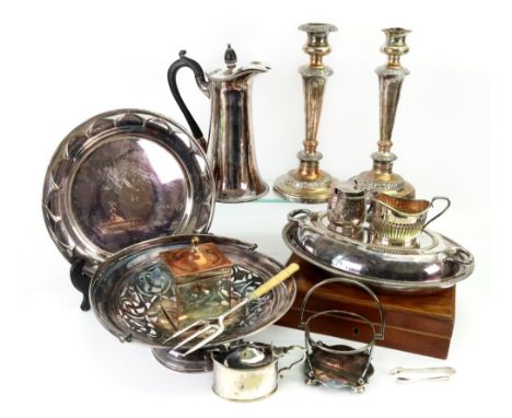 A George III style electroplate rectangular tea caddy, 10.5cm high, a pair of Old Sheffield plate candlesticks, oval entree d