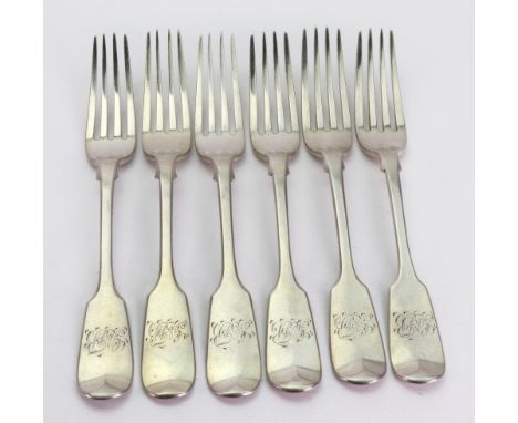 A set of six Victorian silver fiddle pattern dessert forks, William Eaton, London 1844, 10ozs, monogrammed.