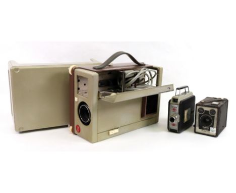 A vintage Leitz Wetzler projector, Cine-Kodak Eight 55 camera, in leather case, other cameras, photographic equipment and acc