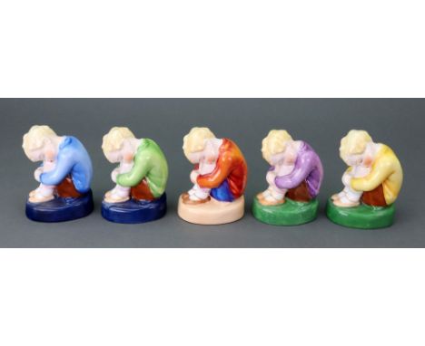 Five Royal Worcester figures of 'Sleepy Boy' 1930's, modelled by Margaret Cane, shape 2918, each a different colour version, 