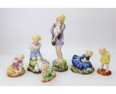 Five Royal Worcester figures of children modelled by Freda Doughty,1930's, comprising: 'My Favourite' shape 3014, 'Tommy' sha