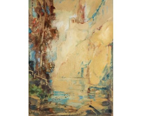 Ruston Vicaji (American, 20th Century), A river landscape, signed 'R. Vicaji' (lower left) and inscribed with artist's name (
