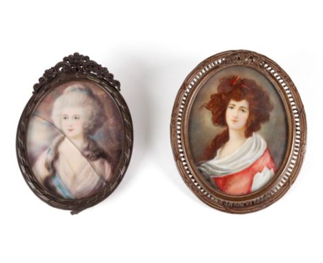 After Gainsborough, A portrait miniature of a lady in white and red robes, printed base with hand coloured highlights, 8cm x 