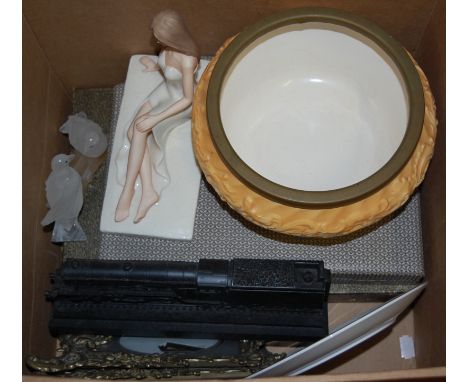 Two boxes of miscellaneous items to include; part tea service, Leonardo Collection figure etc 