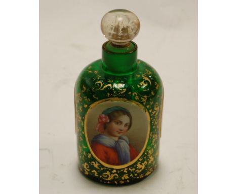 A 19th century green glass bottle and stopper, the central panel painted with a portrait of a young girl flanked by floral pa