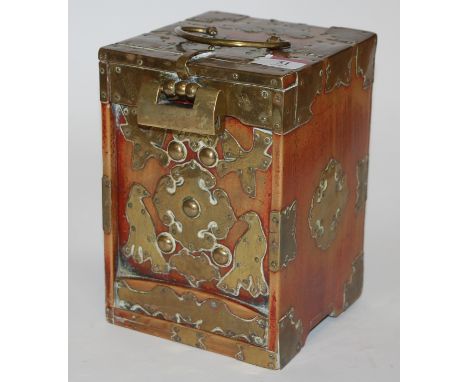 A Chinese style softwood brass mounted tea caddy