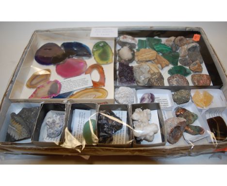 A box of assorted specimen rocks and geodes to include; amethyst, malachite, crystal etc