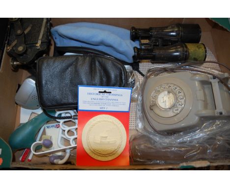 A box of miscellaneous items to include a pair of French binoculars, vintage telephone, microscope, etc