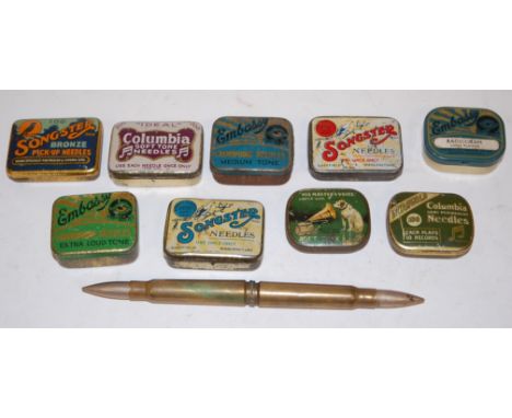 A small collection of assorted gramophone needle tins; together with two stick pins etc 