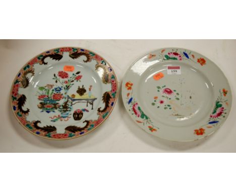 A set of three 19th century Chinese export tin glazed porcelain plates together with one other set of three Chinese tin glaze