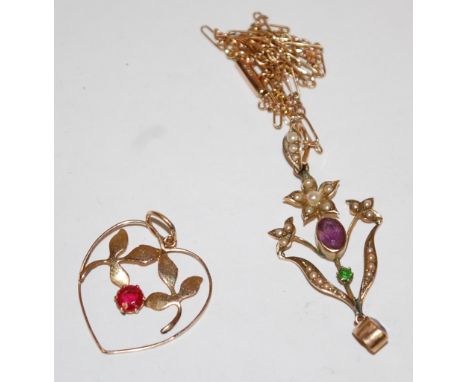An Edwardian Suffragette colours yellow metal seed pearl amethyst set open work pendant on 9ct gold neck chain together with 