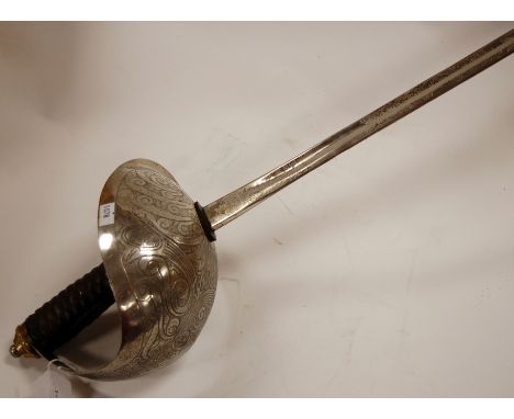 A reproduction 1908 pattern Officer's cavalry sword having an etched steel blade steel knucklebow and chequered rubber grip i