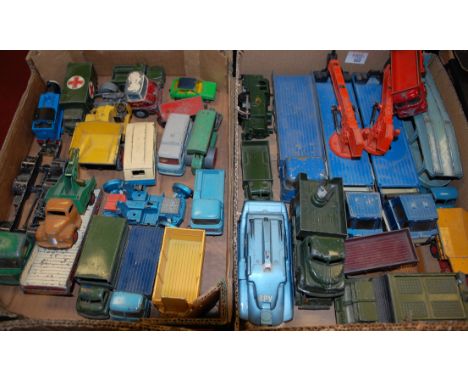 Three boxes of assorted loose and playworn diecast toy vehicles to include Spot-On, ERF 68G flat bed truck, Lonestar army lor