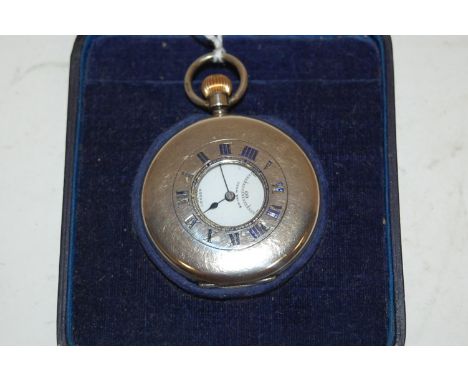 A JW Benson Ltd silver cased half hunter pocket watch having a keyless movement and in original fitted leather case   Conditi