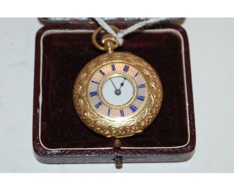 A ladies continental 18ct gold cased half hunter pocket watch, having white enamel dial, engraved and enamel set case and key