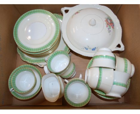 Two boxes of miscellaneous china and glassware to include; Aynsley part tea service, glass shades etc 