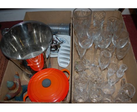 Two boxes of miscellaneous items to include; Le Creuset pan and cover, ceramic toast-rack etc 