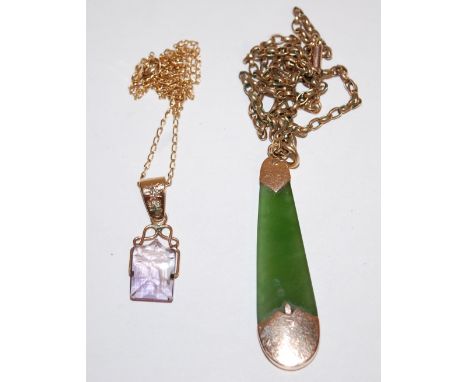 A yellow metal, amethyst intaglio and diamond set pendant, on finelink neck chain; together with a yellow metal mounted jade 