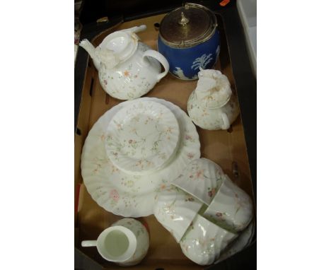 A Wedgwood part tea service in the Campion pattern together with a Wedgwood blue jasper ware biscuit barrel and cover