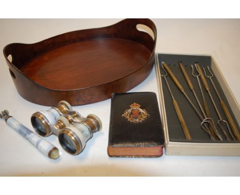 A box of miscellaneous items to include French opera glasses, Wedgwood trinket jars, small twin handled coaster etc   Conditi
